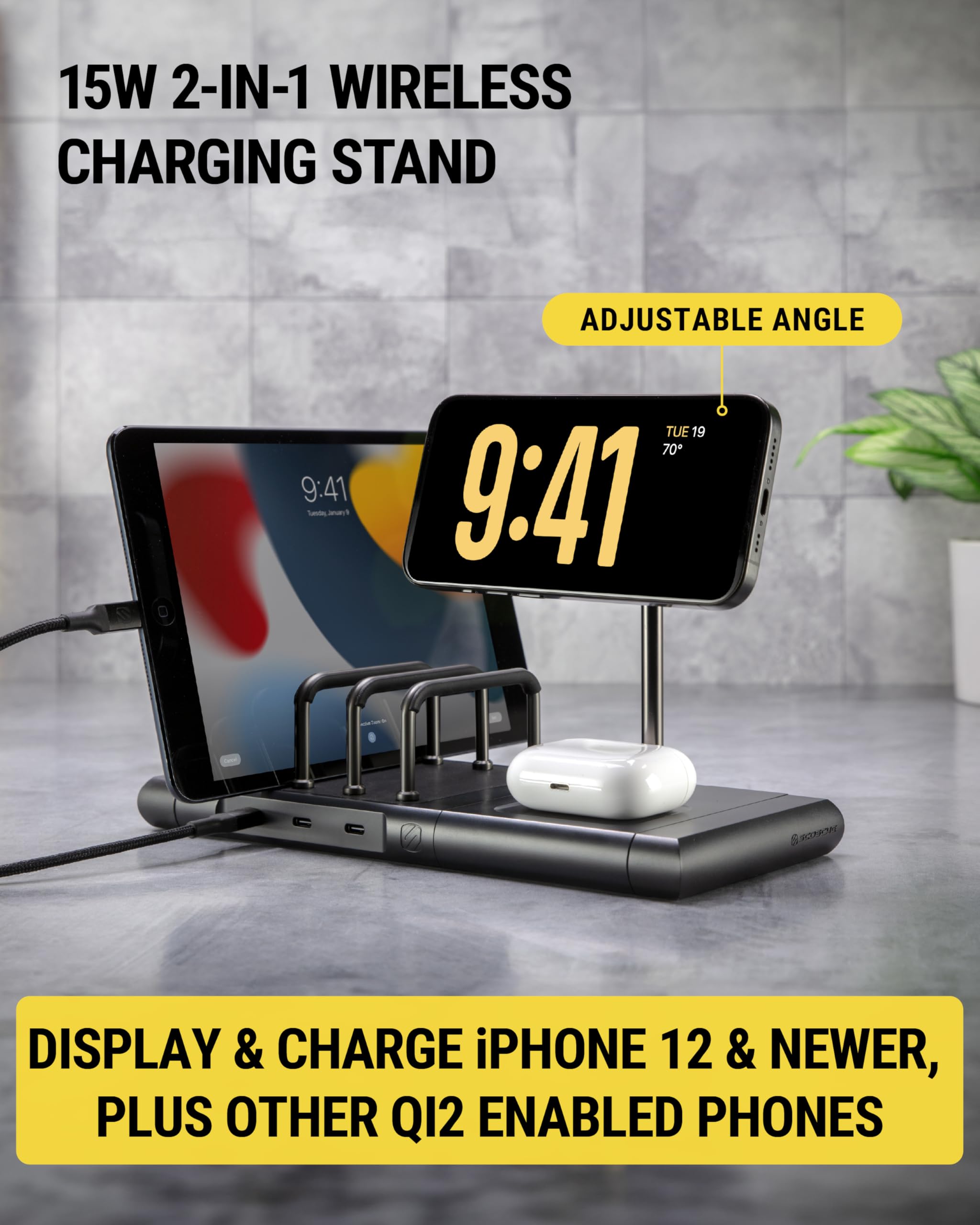 Scosche BaseLynx 2.0 Multi Charging Station with Qi2 15W Magnetic Wireless Charger Stand, 5W Charging pad for AirPods, 3-Port 60W USB-C Fast Charger Compatible with Apple iPhone, MagSafe, Samsung - Image 3